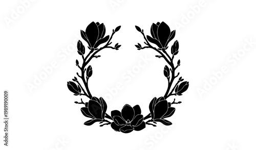 Magnolia floral silhouette wreath vector with branches flowers and buds decorative botanical frame design