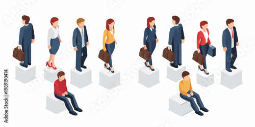 Isometric illustration of diverse business people in a waiting or queue line