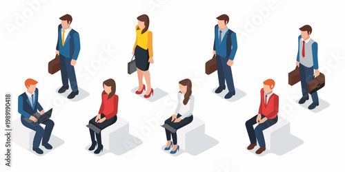 Isometric illustration of diverse business people waiting and working