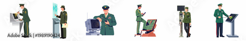 Set of Flat Vector Illustrations of Military Personnel in Uniform Operating Advanced Command and Control Equipment, Radar Systems, and Communication Devices.