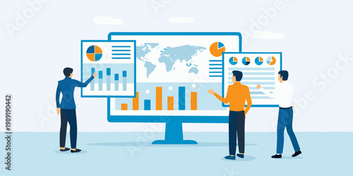 Team analyzing data on a large computer screen with charts and graphs