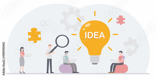 People collaborating around a bright idea represented by a glowing bulb