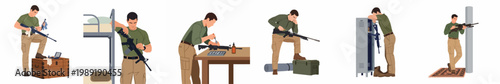 Set of Military Character Illustrations Showing a Soldier Engaged in Weapon Maintenance, Gear Preparation, and Daily Barracks Routine Activities