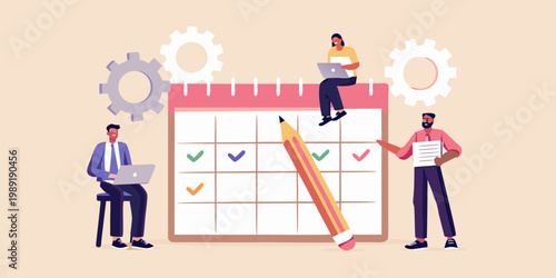Team collaborating on project management with a large calendar illustration