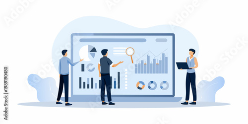 Team analyzing data and charts displayed on a large computer screen