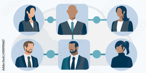 Diverse group of professionals connected in a network illustration