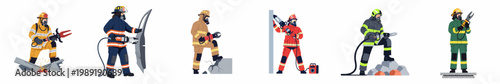 Set of flat illustrations showing firefighters using hydraulic rescue tools for emergency extrication in various protective uniforms and scenarios.