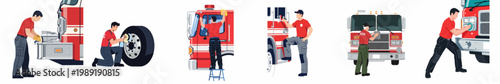 Set of firefighters cleaning and maintaining a red fire truck, including washing windows, polishing tires, and detailing equipment for emergency readiness.