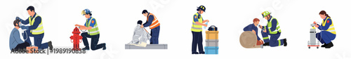 Set of emergency responders, firefighters, and paramedics providing first aid and rescue services in various situations, isolated flat vector illustration.