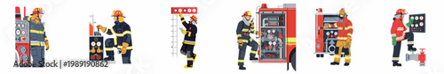 Collection of flat illustrations showing firefighters in protective gear operating fire truck controls, monitoring gauges, and managing equipment in various professional scenarios.