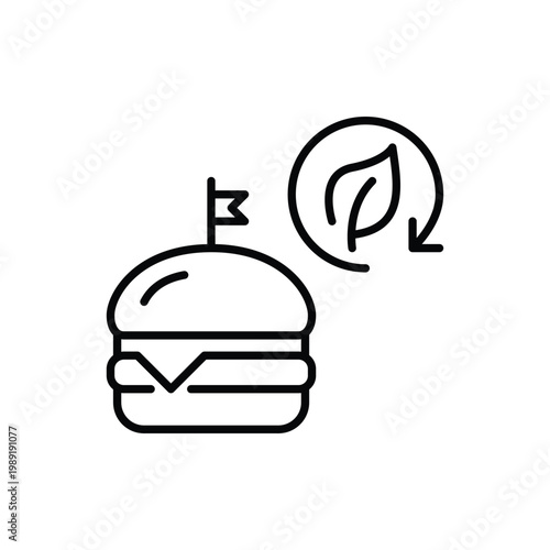 Cheeseburger, leaf and renew arrow. Sustainable food and delivery. Pixel perfect, editable stroke vector icon