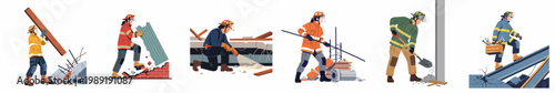 Set of vector illustrations featuring rescue workers and firefighters performing various tasks like clearing debris and searching rubble at a disaster site.