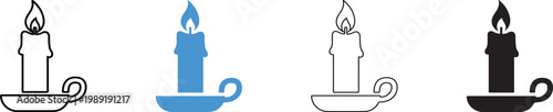 Set of line icons of lit candles in holders in black blue white and gray colors on white background