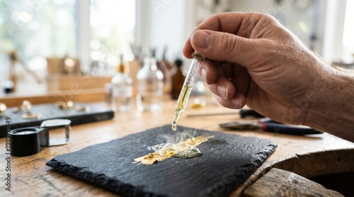 Jeweler testing gold purity with acid on touchstone in workshop