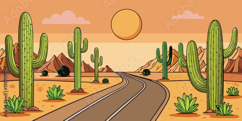 Flat vector desert landscape with road, simple cactus plants, round sun
