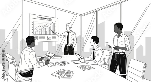 Business meeting: team analyzing financial growth chart on projector screen in office