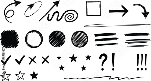 Collection of hand drawn arrows shapes and scribble elements for design