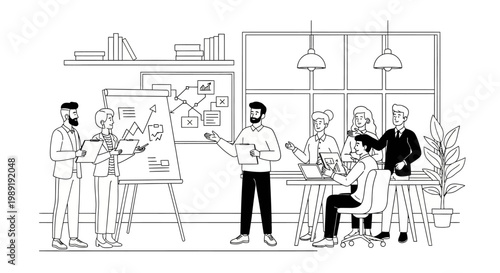 Teamwork in modern office, business meeting, brainstorming, planning strategy on whiteboard