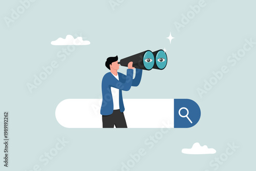 Searching and finding career opportunities or looking for job vacancies, finding new success, research or observation concepts, businesspeople looking with binoculars, binoculars in the search bar.