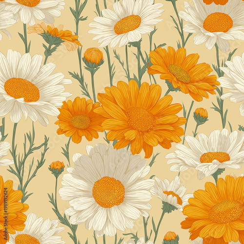 Vibrant daisy pattern with orange and white blooms, green stems, and buds on a pale yellow.