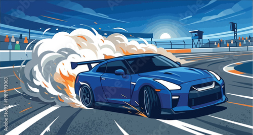 A sleek luxury sports car drives at high speed along a modern highway, showcasing premium automotive design and fast transportation