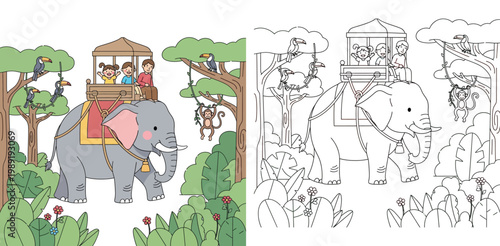 Elephant Ride Jungle Safari Adventure Illustration and Coloring Page Set with Cute Animals, Monkey, Toucans and Family for Kids Activity Book
