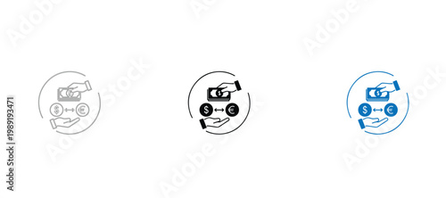  Currency Exchange and Global Money Transfer Concept, Set of International Transaction Icons with Hands Holding Banknotes and Coins, Foreign Exchange Market Graphic Elements in Clean Line Art Style