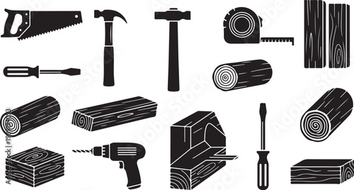 Collection of various carpentry tools and materials