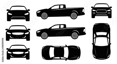 Set of Car Silhouettes: Front, Side, Top Views of Sedan and Pickup Truck