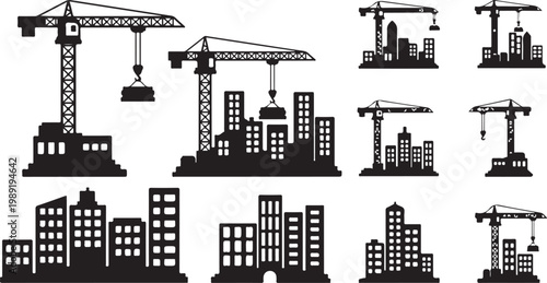Construction site with cranes and city buildings silhouettes
