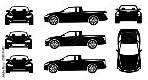 Set of Black Silhouettes of Cars and Pickup Truck: Front, Side, Top Views
