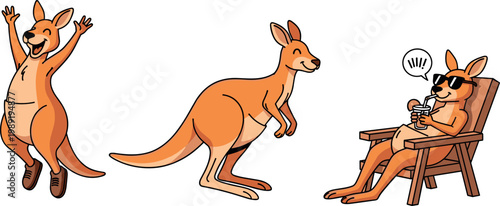 Funny cartoon Australian kangaroo vector character set jumping happily standing and relaxing in a wooden lounge chair with summer drink.