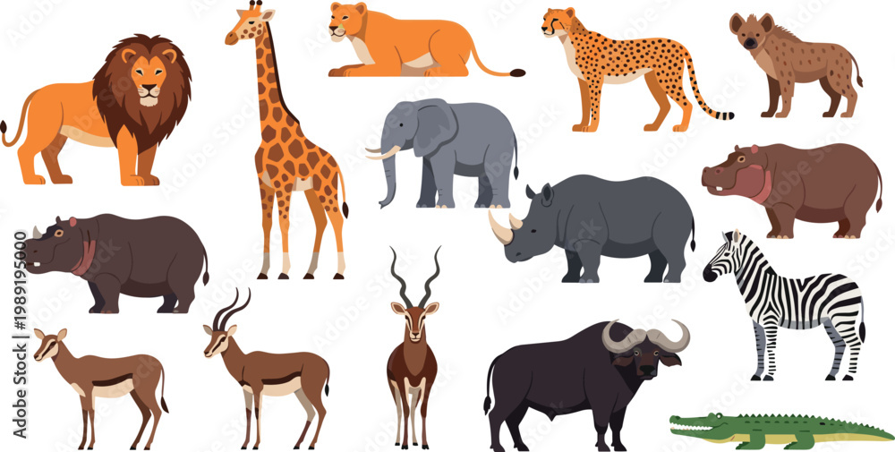 Ταπετσαρία Flat vector collection of African safari animals featuring lion giraffe elephant rhino zebra and cheetah for wildlife design