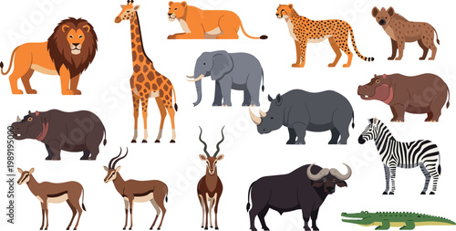 Photography Flat vector collection of African safari animals featuring lion giraffe elephant rhino zebra and cheetah for wildlife design