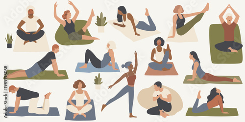 Diverse group of people practicing various yoga poses indoors