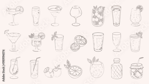Hand drawn collection of various cocktail glasses and refreshing summer drinks