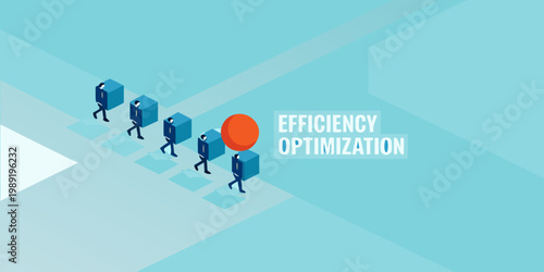 Businessmen walking towards a red sphere labeled efficiency optimization