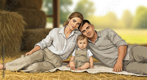 Happy family with baby resting on hay bales in barn rural lifestyle and childhood concept warm sunlight and natural setting