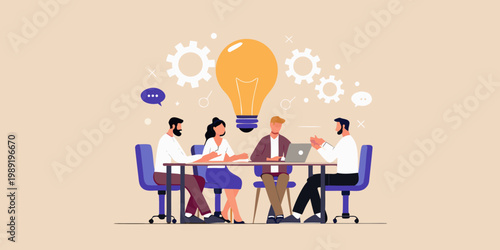 Team brainstorming session with a glowing lightbulb and collaborative elements