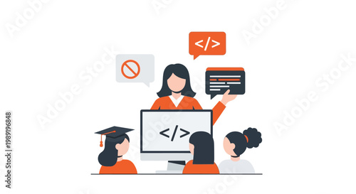 Woman teaching coding to students.