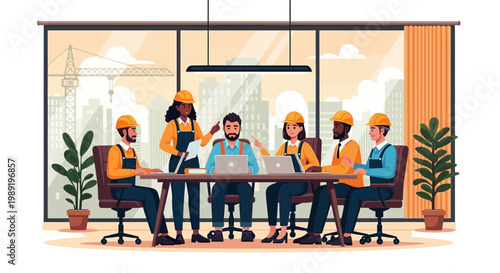 Construction workers meeting at table.