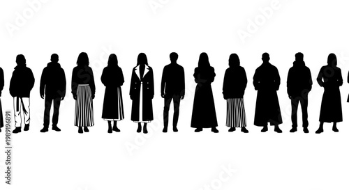 People standing in a line with diverse attire and postures featuring silhouettes, black, white with group and individuals elements for crowd, fashion