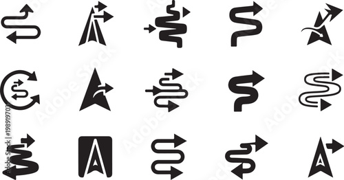 Collection of various black directional arrow icons set