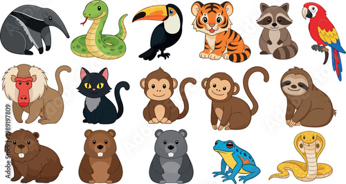 Large colorful cartoon jungle animal vector collection featuring tiger monkey toucan parrot sloth snake frog for kids educational illustration design.