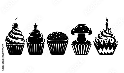 Stylized cupcake silhouette vector set sweet dessert party illustration