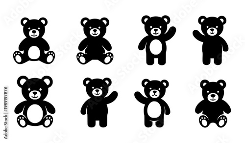 Teddy bear silhouette icon set vector cute minimal toy illustration