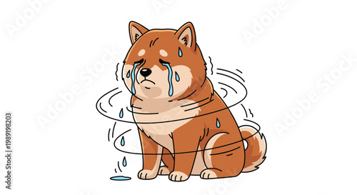 Sad shiba inu dog sits with tears in its eyes and a swirling dizziness effect to illustrate feelings of sickness or deep sorrow.