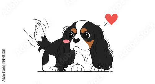 Cute cavalier king charles spaniel dog wags its tail happily with a red heart symbol floating nearby to show love and affection.
