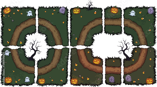 Halloween game map tiles with spooky graveyard path, cartoon level design kit for mobile gaming, creepy forest environment with pumpkins and ghosts, modular vector assets