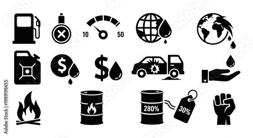 Oil Industry Economic Crisis and Fuel Price Inflation Icons